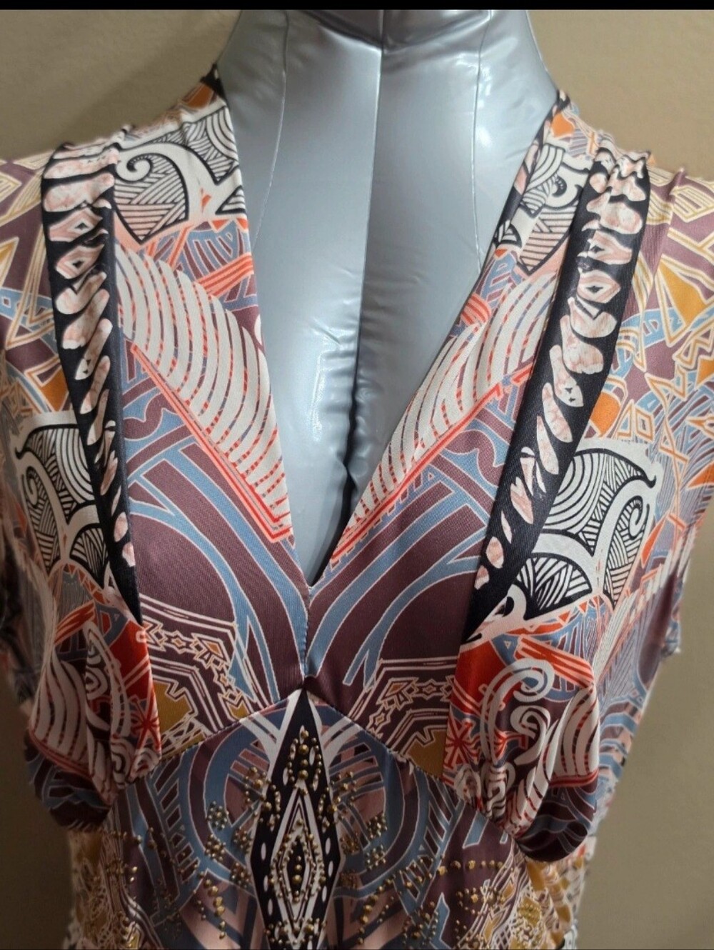 $60 New Boho Printed V-Neck Women’s Dress in Brown & Blue Sz L - Picture 3 of 11